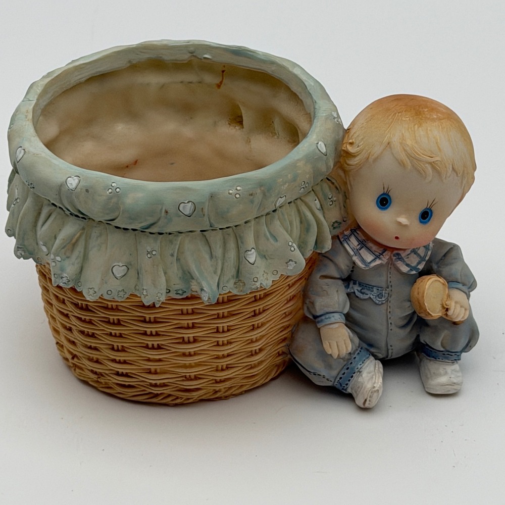 Vintage Style Baby Boy Figurine‎ Basket Planter Blue Nursery Decor Heart Ruffle